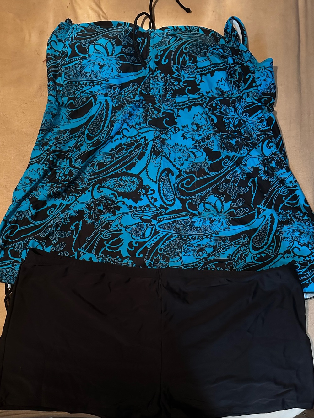 Blue Paisley Tankini Swim Top with Black Swim Shorts and Bonus Top